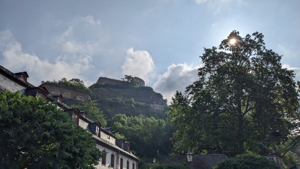 Ehrenbreitstein Fortress in Koblenz, looking up from the Rhine River valley